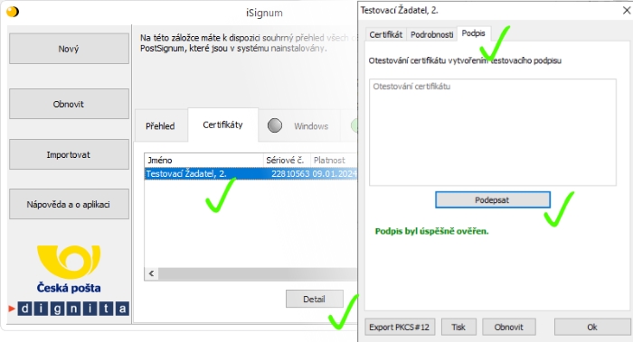 Testování certifikátu pomocí aplikace iSignum